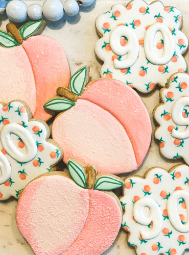 Peaches 90th birthday bespoke cookies by pacific batch cookie co